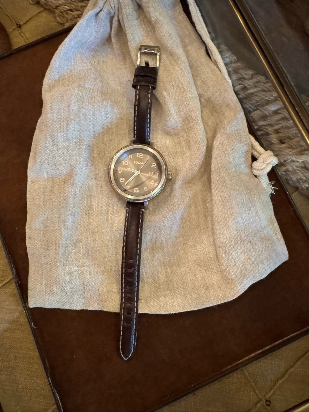 Fossil Brown Leather Strap Watch with Silver Dial
